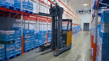 Et ürünlerinin depolanması. Et paketleme tesisinde hazır ürünlerle soğutma odası.