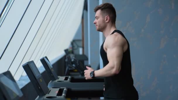Man Running Treadmill Gym Young Athletic Man Exercising Running Treadmill — Stock Video