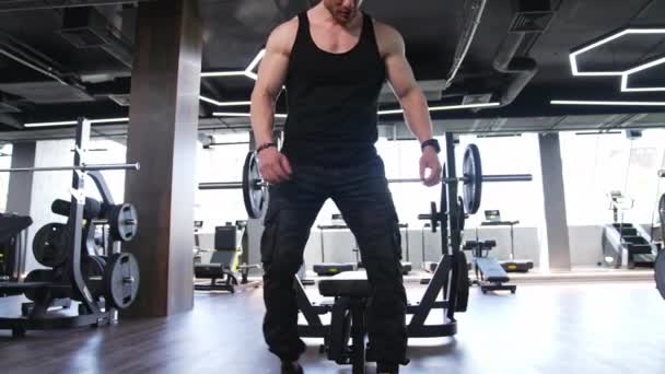 Man Workout Indoor Gym Muscular Bodybuilder Handsome Man Doing Exercises — Stock Video