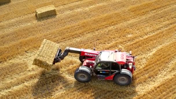 Tractor Verzamelt Hooibalen Luchtfoto Van Trekker Landbouwgebied — Stockvideo