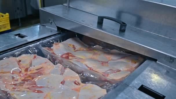 Tepelné Balení Potravinářských Výrobků Proces Balení Masných Výrobků Plastových Obalech — Stock video