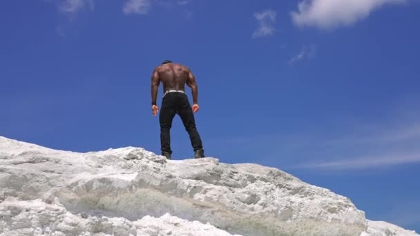 强壮的运动型男模肖像 非洲裔美国人健美运动员在岩石上摆姿势 — 图库视频影像