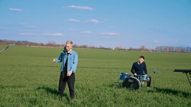Music Band Performing Field Musicians Performing Outdoors Playing Music Field — Stock Video