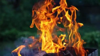 Yanan odunlar. Büyük açık hava şenlik ateşinin yakın görüntüsü