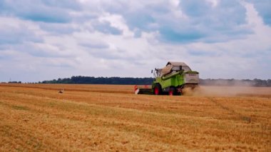 Tarlada çalışan hasat makinesini birleştirin. Tarım arazilerinde mahsul kesen makine sürücüsü