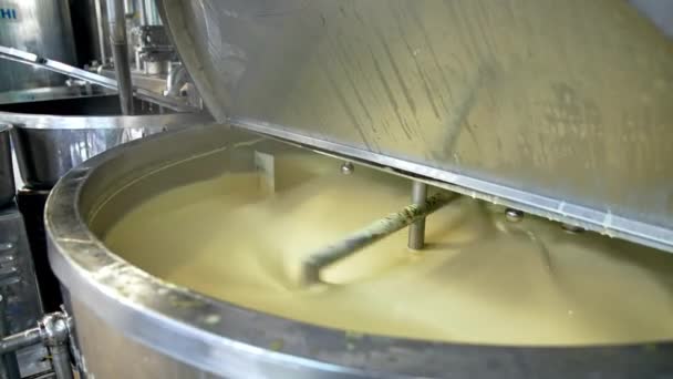 乳製品業界のバター生産ライン 乳製品工場でのバター生産のクローズアップビュー — ストック動画