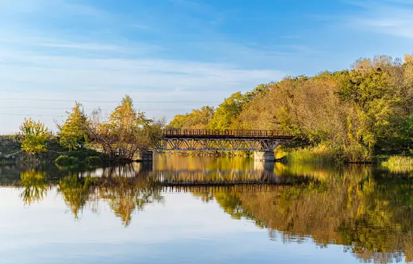 A Serene Bridge Connecting Nature. A bridge over a body of water surrounded by trees