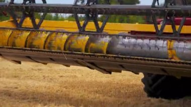 Hasat biçme makinesi mekanizması devrede. Hasat makinesini sahaya sürün. Tarım ürünleri hasat işi. Mevsimlik işler sırasında büyük hasatçı. Tarım sektörü.