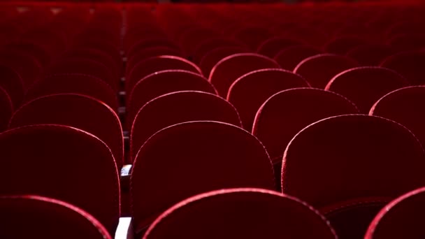 Αδειάστε Κόκκινες Πολυθρόνες Στο Θέατρο Σειρές Από Βελούδινες Καρέκλες Χωρίς — Αρχείο Βίντεο