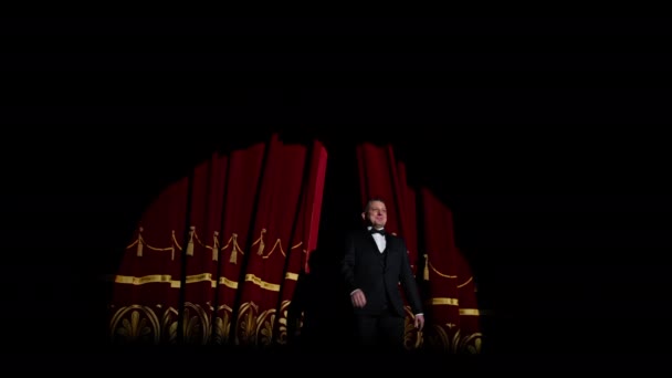 Männliche Darsteller Auf Der Bühne Schauspieler Eleganten Anzug Bei Der — Stockvideo