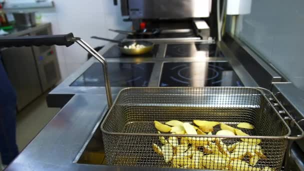 Cooked Crispy Potato Deep Fryer Golden Potato Pieces Ready Eat — Stock Video