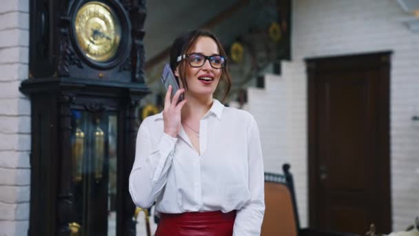 Egy Üzletasszony Portréja Hotelben Gyönyörű Fiatal Hölgy Elegáns Szemüvegben Hogy — Stock videók