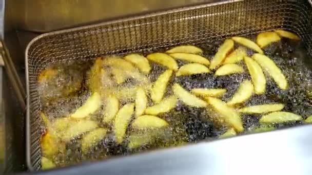 Kızgın Yağda Patates Fast Food Restoranında Kızartma Pişiren Fritöz Kaynar — Stok video