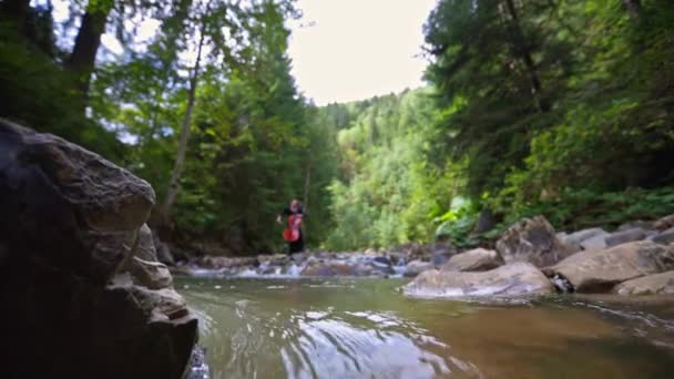 Dağ Suyunun Arasında Çellocu Profesyonel Bayan Müzisyen Yeşil Arka Planda — Stok video