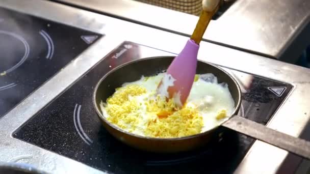 Kızartma Tavasında Yemek Pişirmek Şef Beyaz Sosta Leziz Bir Yemek — Stok video