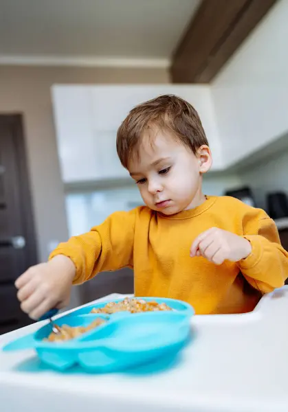 Whimsical Scene Young Boy Finds Joy Savors Delightful Meal Served — Stock Photo, Image