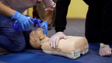 Bir kukla üzerinde eğitim pratiği. Öğrenciler hayat kurtarmak için bir manken üzerinde canlandırma tekniği üzerinde çalışıyorlar. Kardiyopulmoner canlandırma.