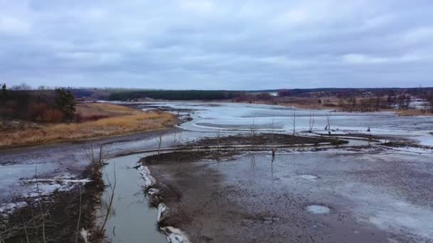 水質汚染 春に自然の汚れた背景に浮かぶ狭い川 — ストック動画