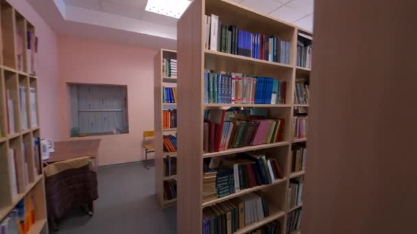 Librerías Madera Biblioteca Diferentes Libros Estanterías Dentro Sala Biblioteca Luz — Vídeo de stock