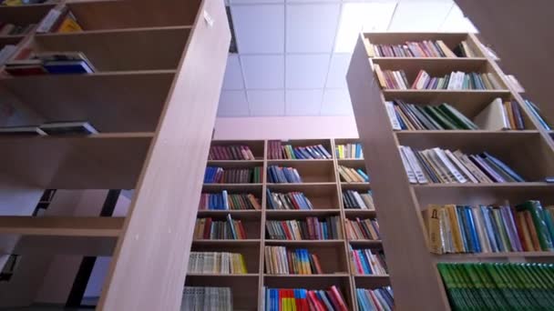 Bücher Stapeln Sich Regalen Reihen Von Bücherregalen Mit Büchern Der — Stockvideo