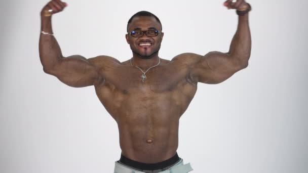 Portrait Athletic African Man Smiling Shirtless Sportsman Black Skin Stretched — Stock Video