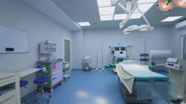 Yenilikçi aletlerle dolu boş bir ameliyathane. Klinikte çalışmak için gerekli tüm aletlerin bulunduğu modern cerrahi odası. Yörünge görünümü.