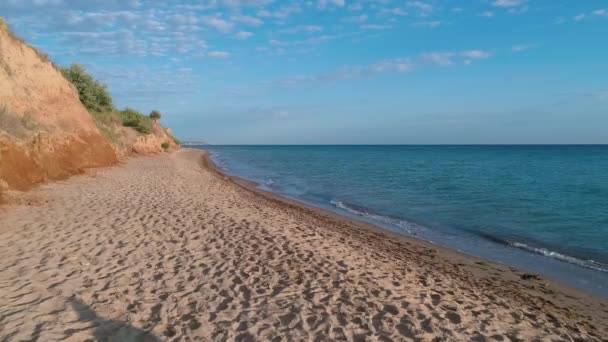 Krásné Mořské Pobřeží Pod Modrou Oblohou Hudebník Zpívá Prázdné Pláži — Stock video