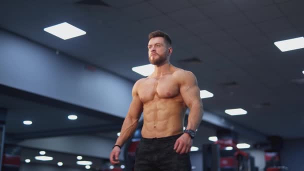 Junge Bodybuilder Gewichtheber Mit Einem Idealen Körper Schöner Sportler Ohne — Stockvideo