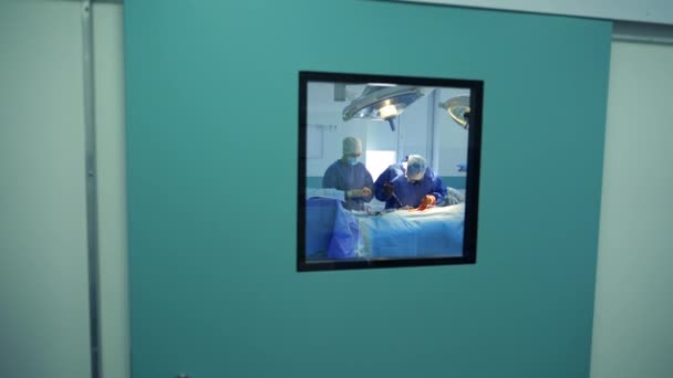 Lekarz Pielęgniarka Wykonują Operację Widok Przez Okno Proces Chirurgiczny Szpitalu — Wideo stockowe