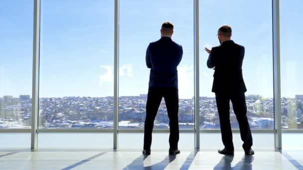 Elegant Entrepreneurs Meeting Indoors Businessmen Dark Suits Having Conversation Large — Stock Video
