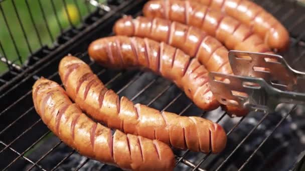 Hot Tasty Sausages Grill Cook Turning Almost Ready Sausages Picnic — Stock Video