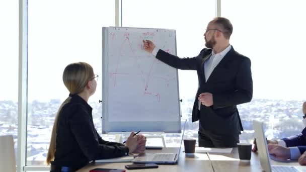 Businessman Speaking Partners Entrepreneur Suit Showing Written Board While Talking — Stock Video