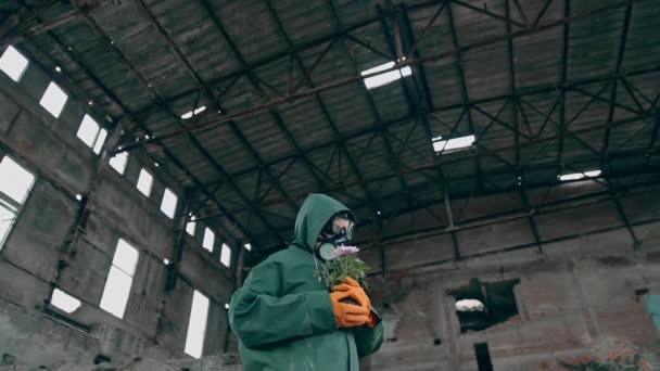 Ecologista Com Plantas Local Abandonado Pessoa Uniforme Proteção Máscara Gás — Vídeo de Stock