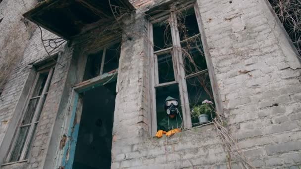 Ekolog Zrujnowanym Budynku Naukowiec Masce Przeciwgazowej Wyglądający Przez Okno Opuszczonego — Wideo stockowe