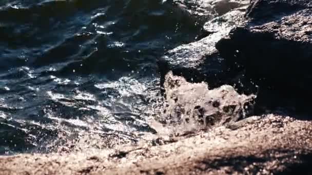 Морской Пейзаж Волны Медленно Катятся Большой Скале Солнечном Свете Маленькие — стоковое видео
