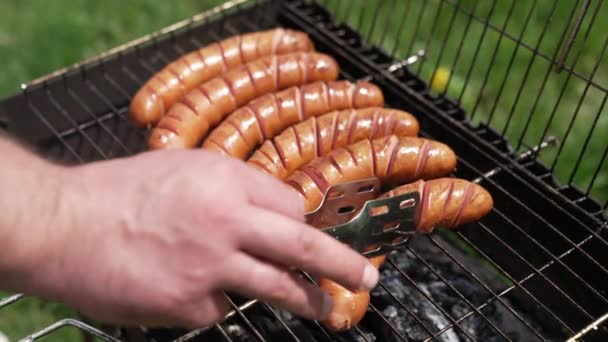 Grilled Sausages Roasting Barbecue Grill Outdoors Grilled Food Frying Smoking — Stock Video
