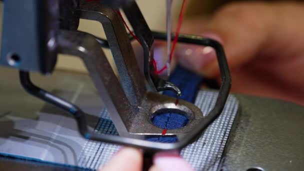 動いているミシン テーラーはミシンの下に布を置きます 縫製機の針は糸のステッチを作ります マクロショット — ストック動画