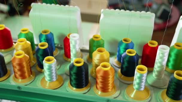 Collection Colorful Spools Dressmaker Sewing Tools Handicraft Job Spools Thread — Stock Video