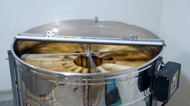 有機蜂蜜をポンプする金属遠心機械 蜂蜜抽出器は蜂蜜から蜂蜜を押し出すためにフレームで回っています — ストック動画