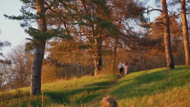 秋に自然の背景で走る若い友人たち ハッピーカップルは午前中に森でスキャンパーを持っています — ストック動画