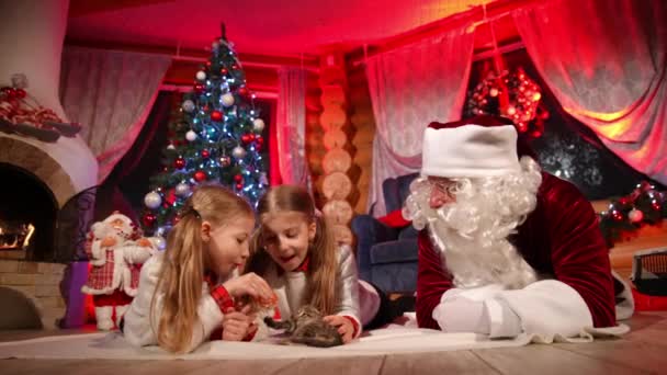子猫とサンタが床にいる幸せな子供たち サンタクロース近くの美しい小さな猫と遊ぶ小さな女の子は 自宅でクリスマスツリーの背景に白いひげを持っています — ストック動画