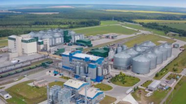 Modern endüstri doğayla çevrili. Tarladaki büyük tarım fabrikasındaki tahıl asansörleri. Kırsal bölgede tahıl kurutma kompleksi. Hava görünümü.
