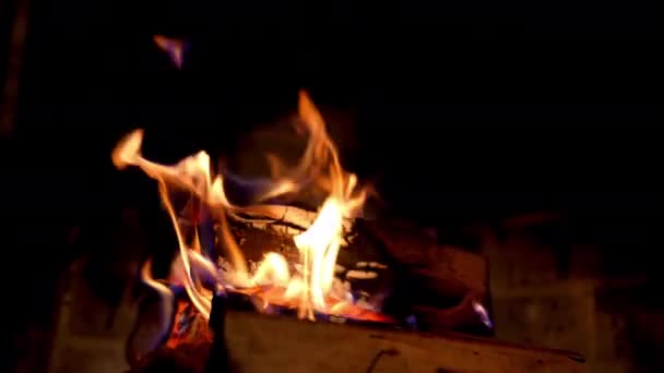 Tahta Kütükler Karanlıkta Canlı Alevler Içinde Yanıyor Şöminede Yanan Ateş — Stok video