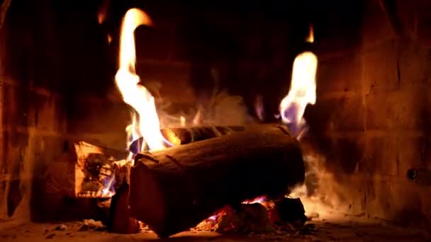 Holzstämme Feuer Auf Backstein Kamin Hintergrund Holz Brennt Feuerflamme Gemütlich — Stockvideo