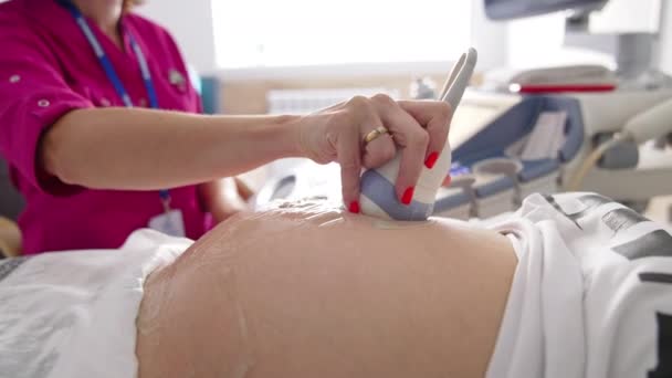 在超声波检查中怀孕妇女的美女 专业医生在诊所用现代设备对一名孕妇进行检查 后续行动 — 图库视频影像