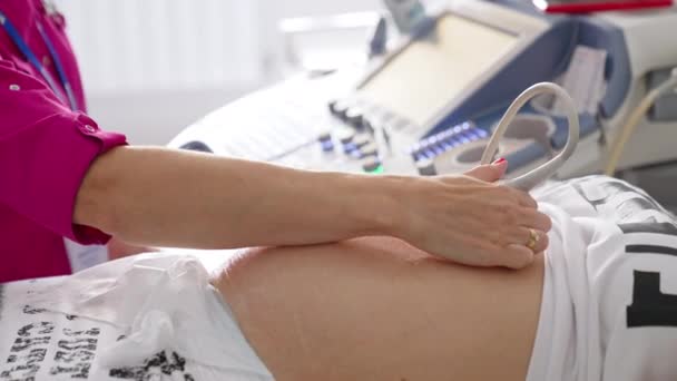 妊娠中の女性へのソノグラム手順 医者は病院で超音波検査をする 妊娠中の女性の超音波調査 妊娠と医療のコンセプト — ストック動画