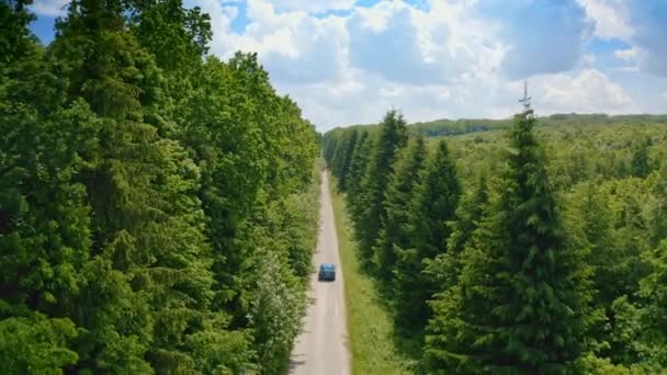 Carro Uma Estrada Entre Incrível Natureza Verde Carro Elétrico Azul — Vídeo de Stock