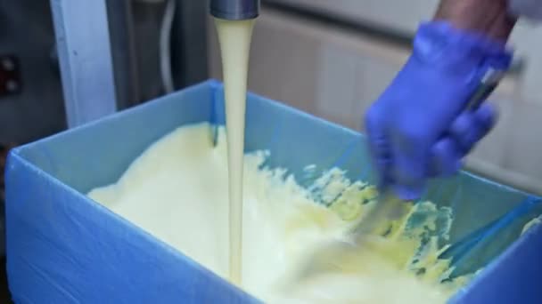 バター製造のための工場 クリーミーな白乳製品が箱に入っています 牛乳農場で新鮮なバターを作る 乳製品メーカー 労働者の手はバターを混ぜている クローズアップ — ストック動画