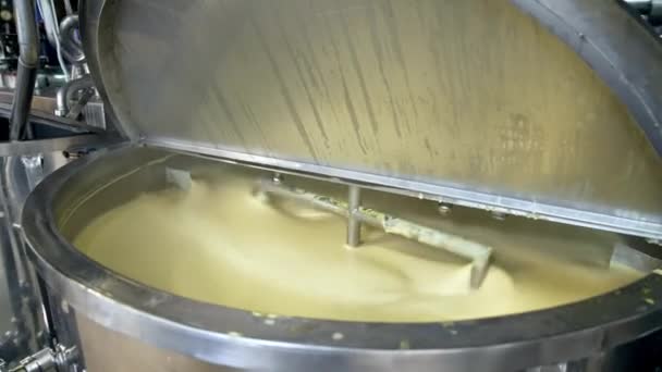 バター生産 バターを作るための乳製品を混合する自動機器 牛乳農場で新鮮なバターを作るプロセス クローズアップ — ストック動画