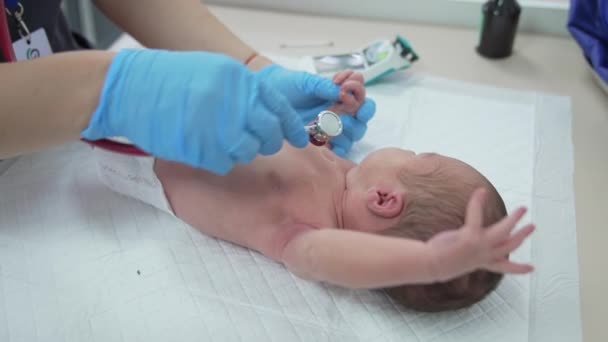 出生後に乳児の健康をチェックする医師 かわいい新生児が病院の机の上に横たわっている 医療従事者は クリニックで肺と心臓を幼児期に診察する 健康な子供たち — ストック動画